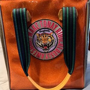 Consuela *VERY RARE* Orange Glitter Tote with Tiger Patch and Striped Handles